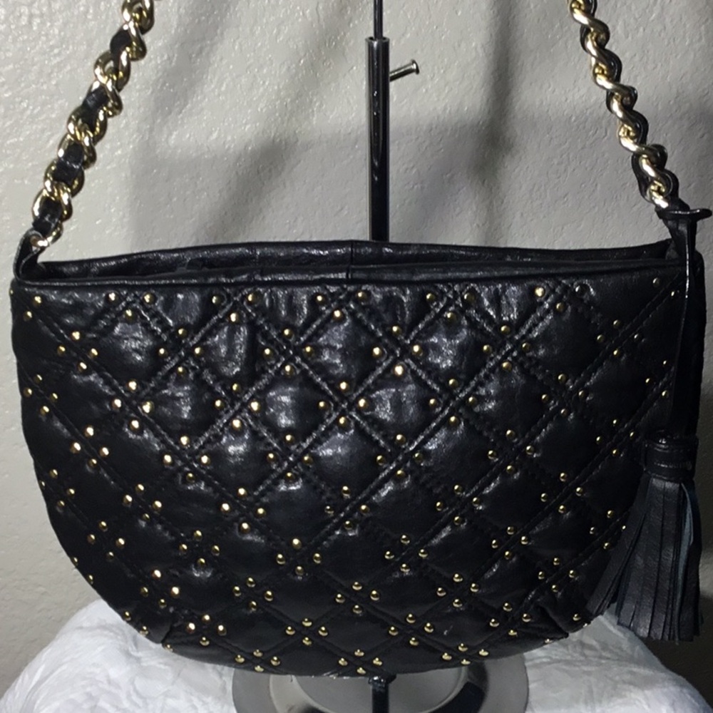 Paolo Masi quilted stud lamb leather crescent shaped shoulder bag